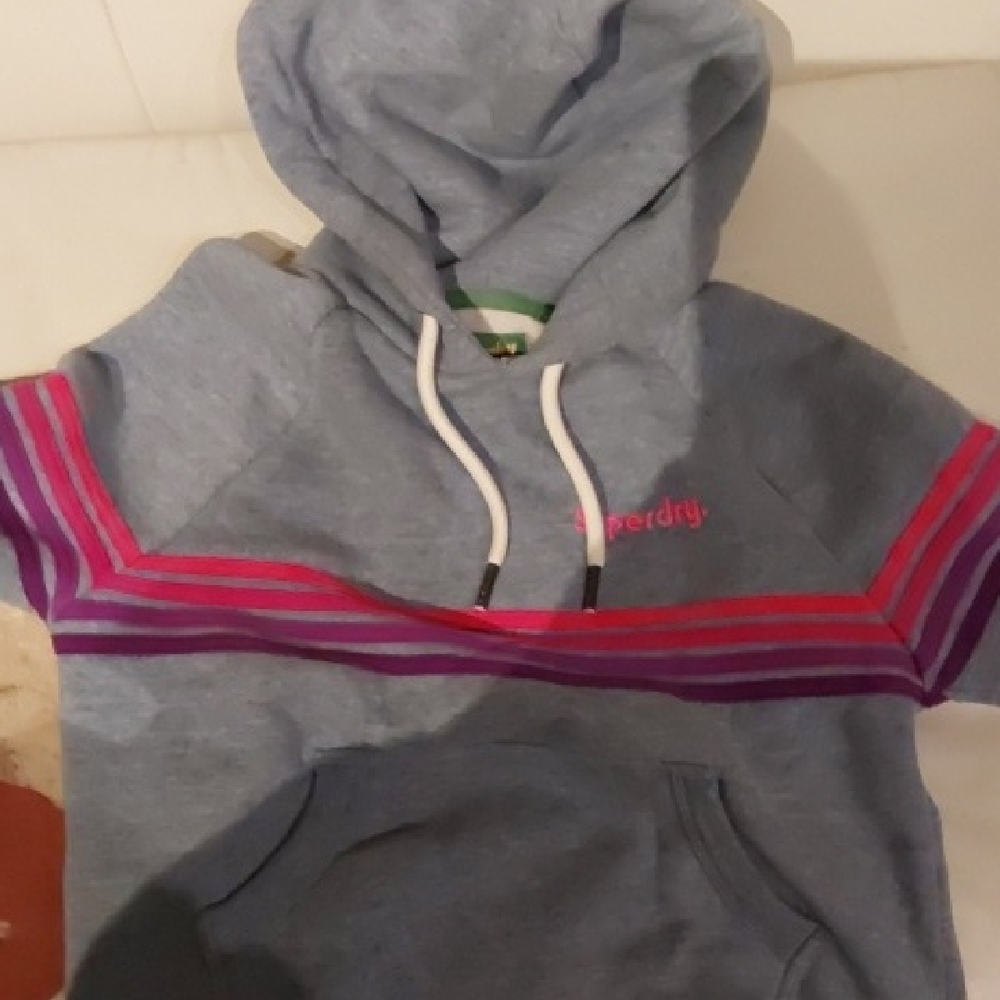 Superdry Gray Hoodie with Pink and Purple Stripes